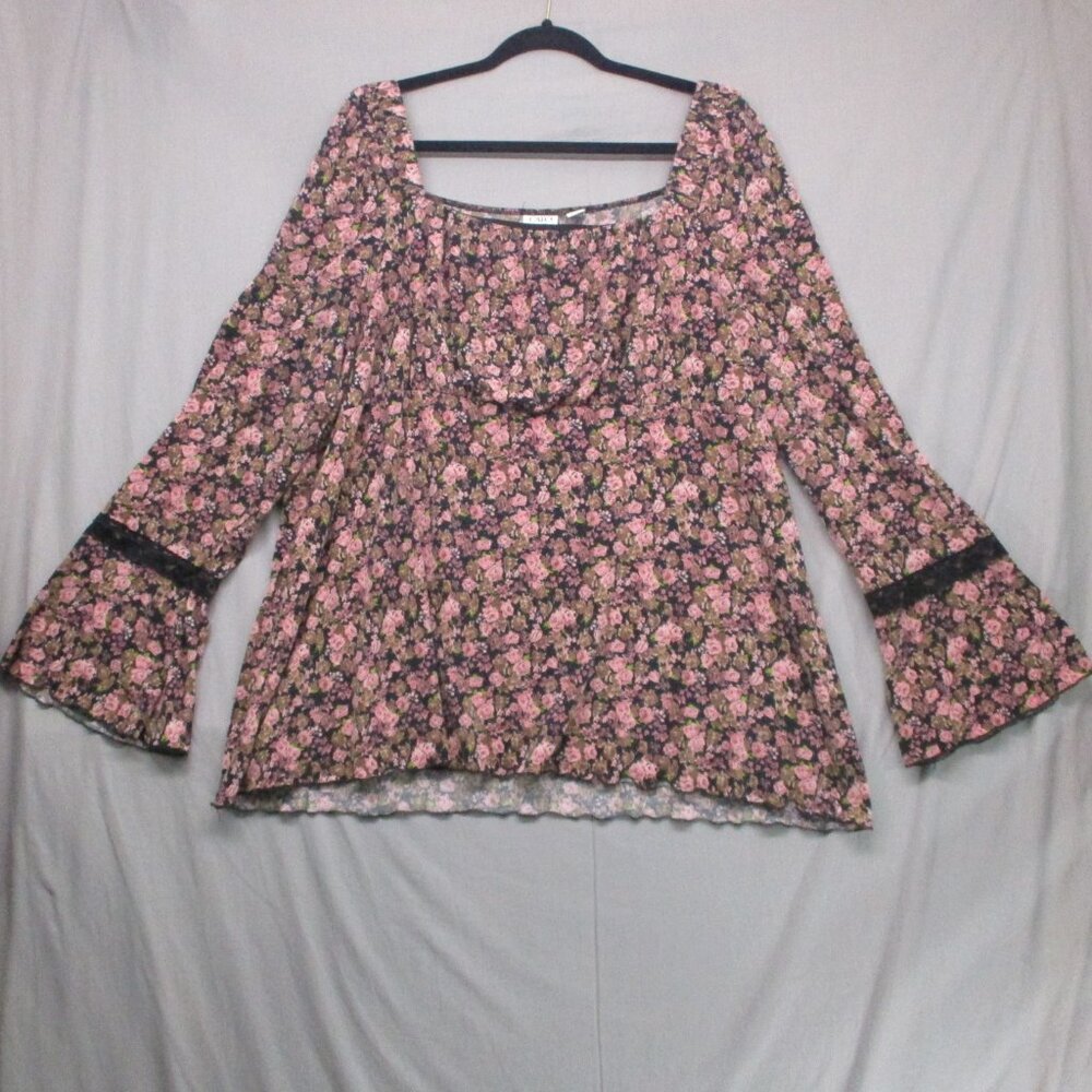 Cato Floral Print Blouse Flair Sleeve Box Collar Pink & Black Women Size  26/28W